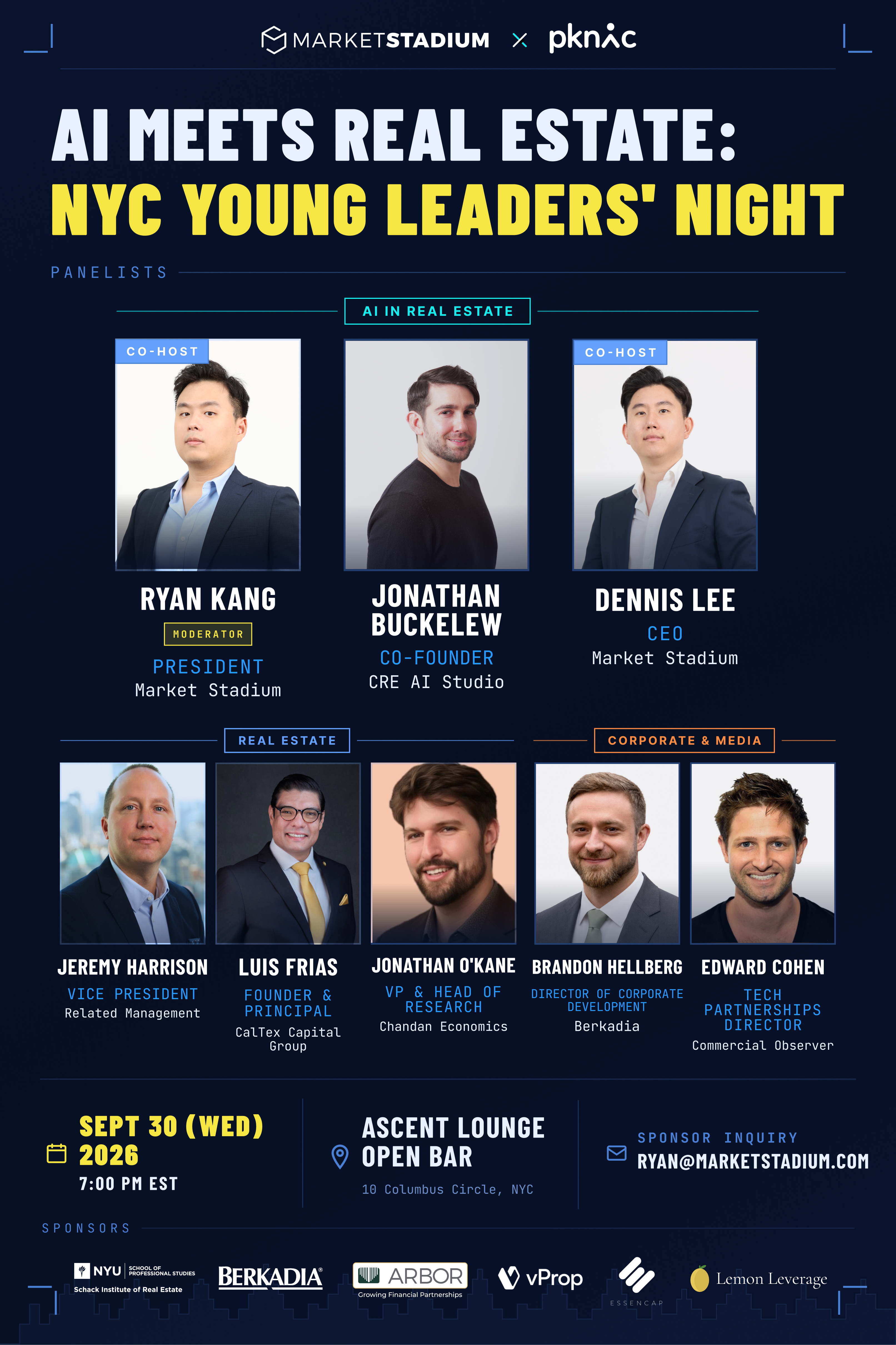 NYC Young Leaders' Night event poster featuring the panelists, event details, and sponsors